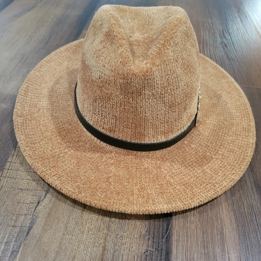 Brown Corduroy Women's Hat with Gold Leaf Accent